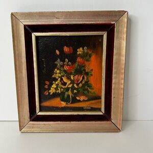 Framed Still Life Oil Painting Florals Vase 6 x 6.5 Handpainted by Lergi